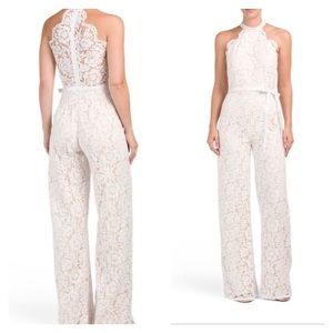 Racerback high neck beaded halter lace jumpsuit